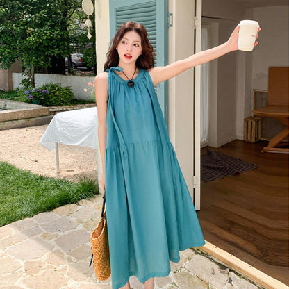 【ワンピース】夏新作 フレンチシック ゆったりシルエット デザイン性Aラインノースリーブワンピース 若見え効果