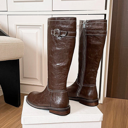 【シューズ】🌟ウォッシュドホースレザー厚底ブーツ💜中筒・長靴 サイドジッパー ベルト付き レディース 秋冬新作