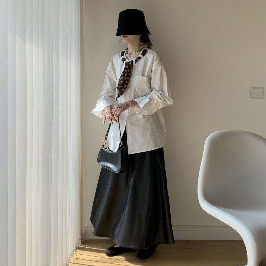 【トップス】韓国風 オーバーサイズ ハイブランド風 デザイン感 丸首 レトロトップス ドット柄 スカーフリボン付き シャツ レディース【JZシリーズ】