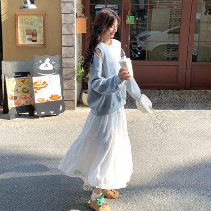 2点セット！【セットアップ】グレー オフショルダーフーディー + スカート 上下セット レディース 春秋 韓国系 ゆるふわ風 【JZシリーズ】