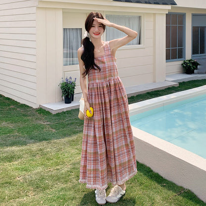 【ワンピース】チェック柄 キャミワンピース レディース 夏 ハイウエスト ノースリーブ ロングワンピース ゆったり 体型カバー 人気 フレンチ風【SHシリーズ】