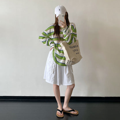 【トップス】Ｔシャツ カットソー レディース ボーダー柄 ワッペンデザイン クルーネック 長袖 ゆったり カジュアル【FCシリーズ】