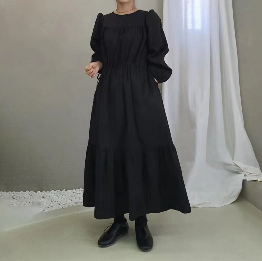 【24AW】【ワンピース】無地 お腹カバー ラウンドネック 長袖ワンピース