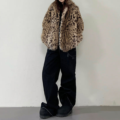 【アウター】レオパード柄 エコファー フェイクミンク ボアジャケット レディースふわもこ オーバーサイズ ショート丈【FCシリーズ】【15～20日内発送】