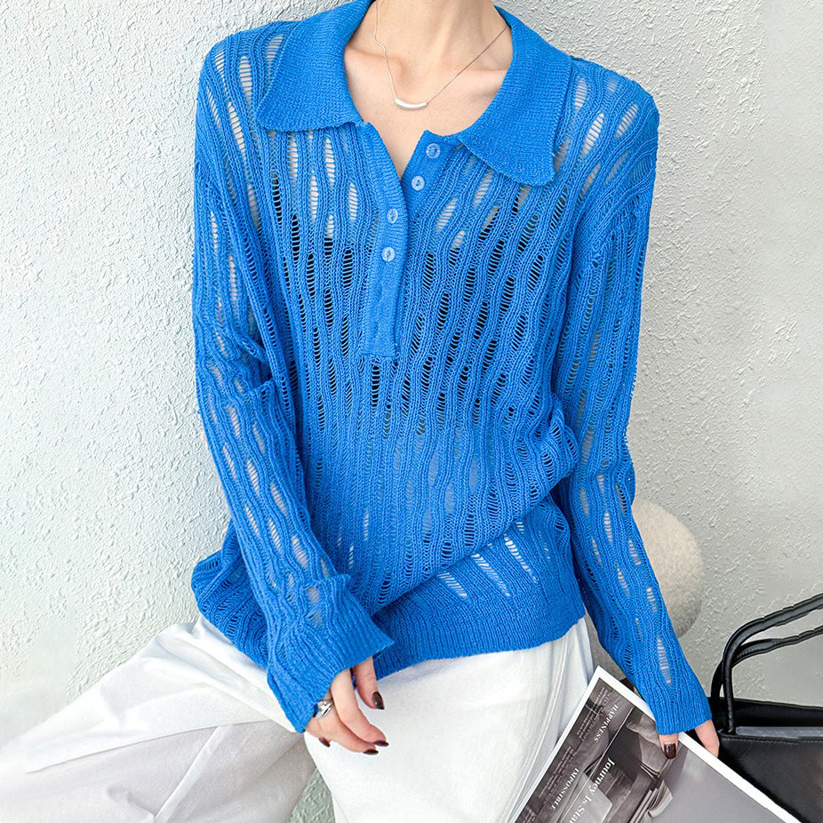 【トップス】秋先取り 大人可愛い透かし編みニットTシャツ 薄手 ゆったり【JZシリーズ】