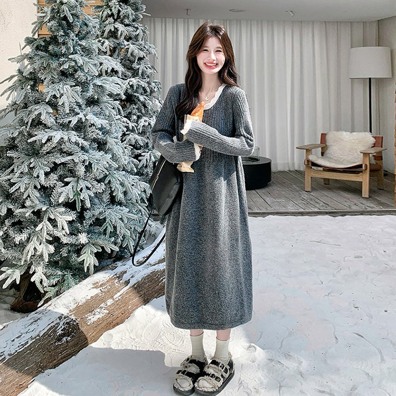 【ワンピース】韓国風 上品かわいい ニットレース切り替え 長袖ワンピース レディース 秋冬ミドル丈【JZシリーズ】