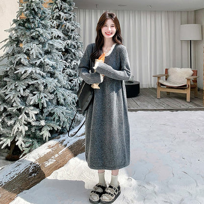 【ワンピース】韓国風 上品かわいい ニットレース切り替え 長袖ワンピース レディース 秋冬ミドル丈【JZシリーズ】