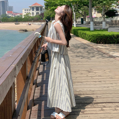 2点セット！【セットアップ】後ろ姿まで抜かりない…♡ ストライプ トップス＋スカート 上下セット 夏コーデ 大人かわいい こなれ感◎【JZシリーズ】
