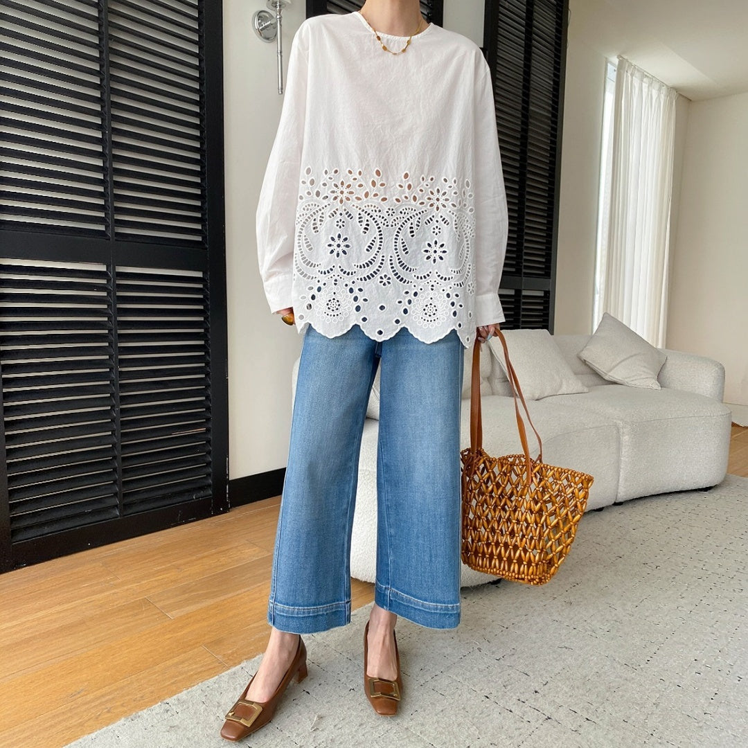 【トップス】こだわりの カットワーク 刺繍 クルーネック 長袖 ブラウス 【JZシリーズ】