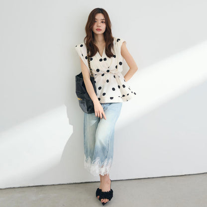 【トップス】ストライプ風 Vネック ノースリーブ ドット柄 ウエストマーク Tシャツ レディース きれいめ 若見え こなれ感【JZシリーズ】