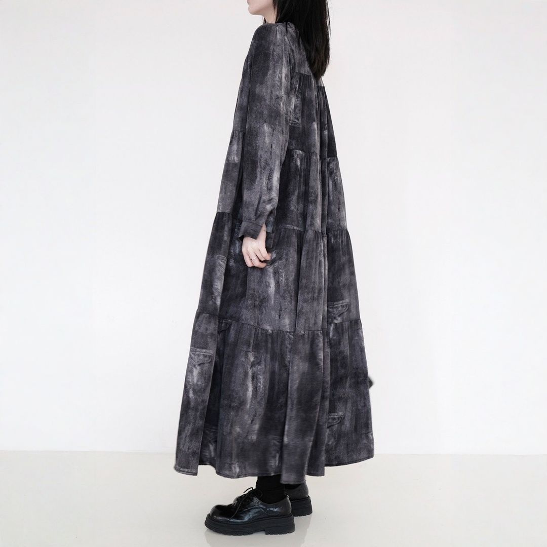 【ワンピース】タイダイ 体型カバー ダーク系 シワになりにくい 長袖 ワンピース 【AHシリーズ】
