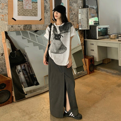 【トップス】Tシャツ レディース キャットプリント 猫柄 クルーネック 半袖 コットン100% オーバーサイズ カジュアル【JZシリーズ】