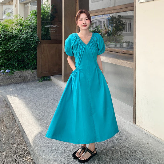 【ワンピース】韓国風 Vネック パフスリーブ  夏 気質 細見え ウエストマーク 半袖ワンピース