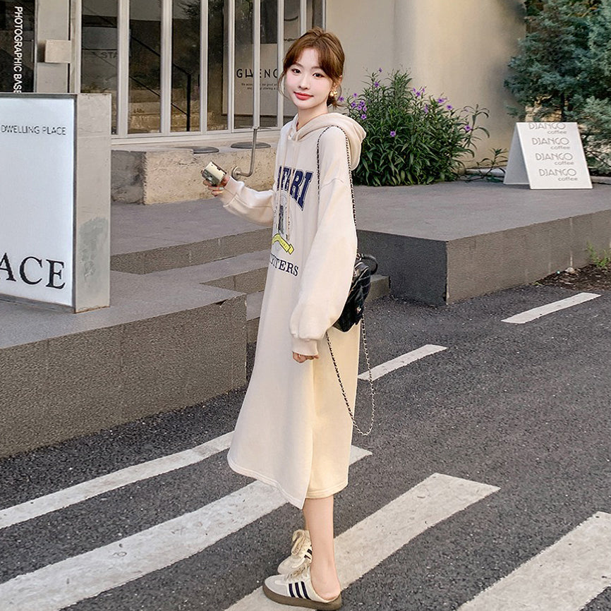 【ワンピース】高級感 韓国風  オフホワイト フード付き長袖ワンピース おしゃれ ゆったりスウェットロングワンピース【JZシリーズ】