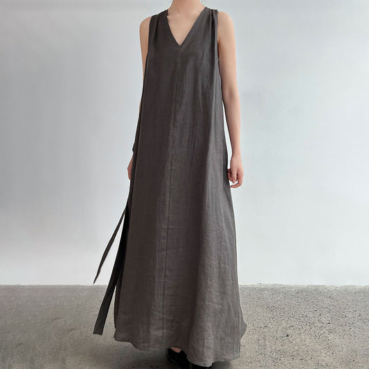 【ワンピース】リゾート風 ラミー Vネック ゆったり ウエストリボン付き シンプル ノースリーブワンピース【JZシリーズ】