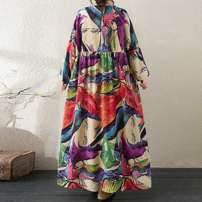 60%OFF⭐️期間限定【ワンピース】厚手 花柄 プリント 丸首 ゆったり 大きいサイズ 体型カバー 文芸風 リゾート 長袖 ロングワンピース【SHシリーズ】