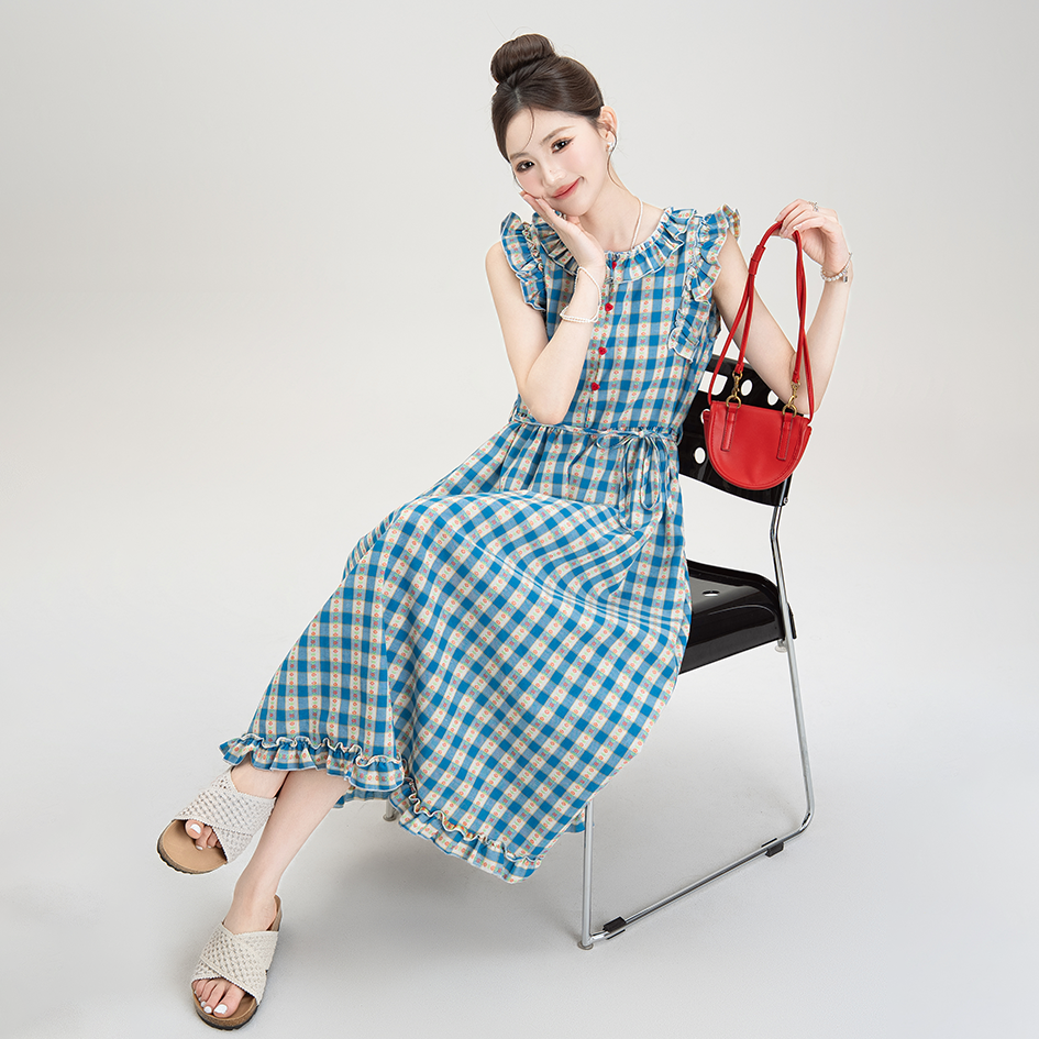 【ワンピース】夏新作 レトロチェック×小花柄 レース切り替え ウエストマークAラインロングワンピース【SHシリーズ】