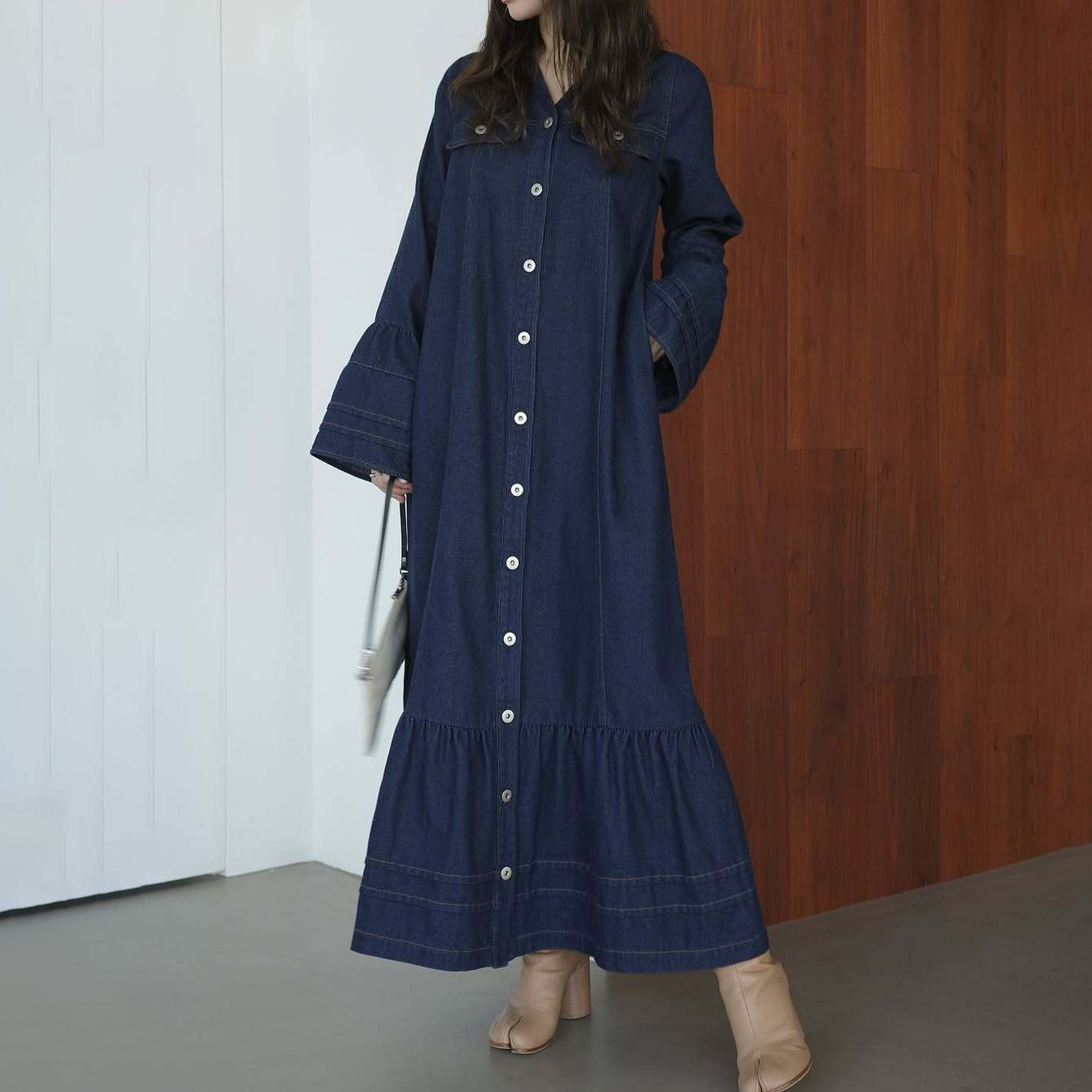 【ワンピース】日系 春夏 アメリカンレトロ オールドマネー風 デザインデニムワンピース レディース ゆったり カジュアル 長袖ワンピース【JZシリーズ】