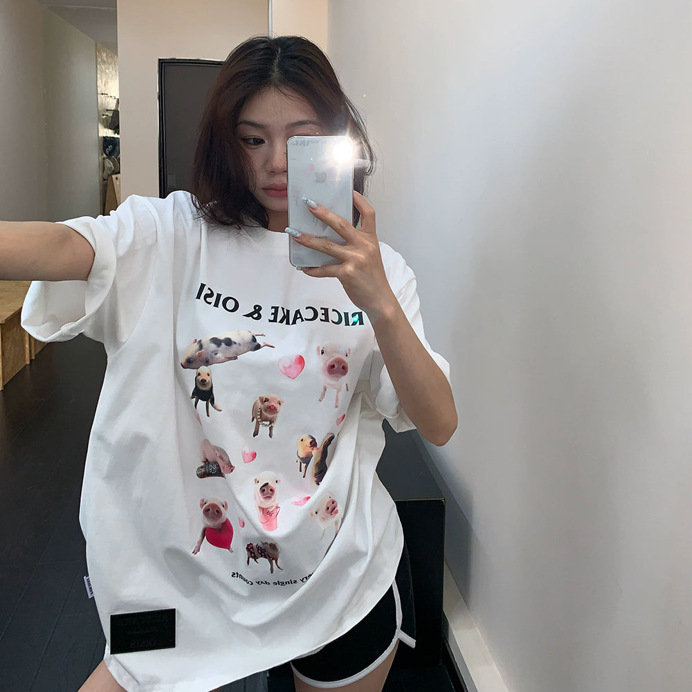 【トップス】Tシャツ レディース コットン100% カートゥーン アブストラクトプリント オーバーサイズ ヴィンテージ風 半袖【FCシリーズ】