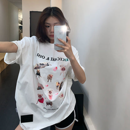 【トップス】Tシャツ レディース コットン100% カートゥーン アブストラクトプリント オーバーサイズ ヴィンテージ風 半袖【FCシリーズ】