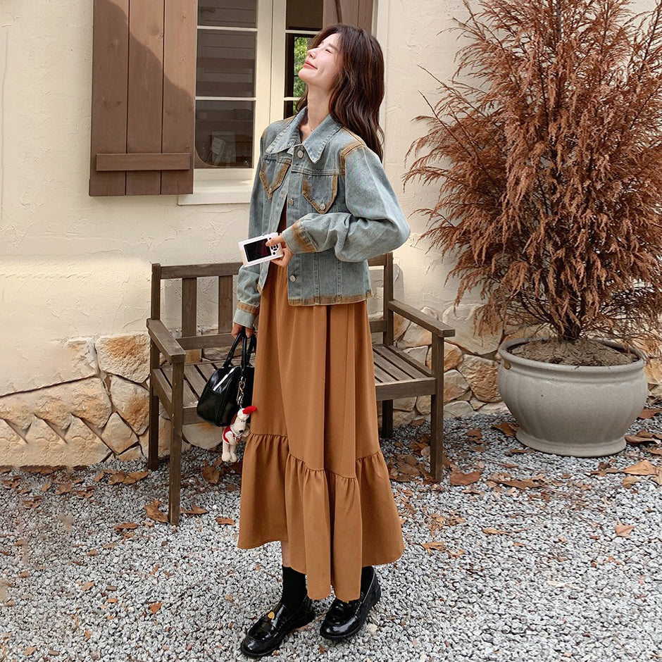 【セットアップ】初秋 韓国風コーデ レトロ デニム ジャケット＋ノースリーブワンピース 細見え 2点セット【JZシリーズ】