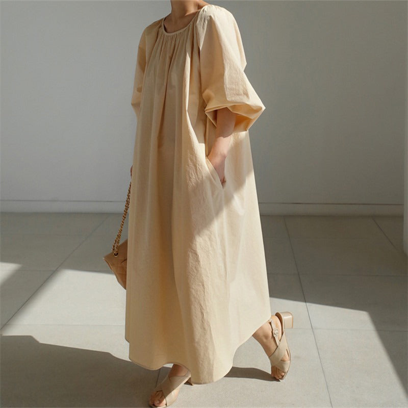 【ワンピース】春秋 ゆったり 大きいサイズ  リボン ランタンスリーブ 長袖ワンピース