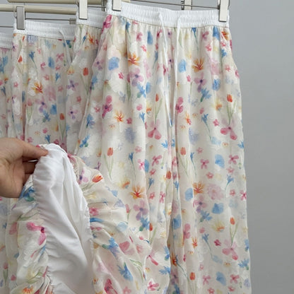 【ボトムス】夏 花柄  ハイウエスト ウエストゴム入り ワイドパンツ 【SHシリーズ】