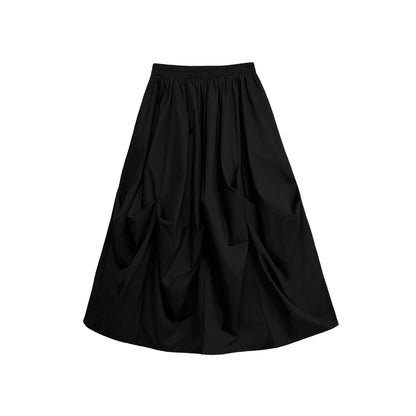 【ボトムス】日系ダーク風 切替 プリーツ ハイウエスト スカート ゆったり 美脚  万能 ロングスカート【AHシリーズ】