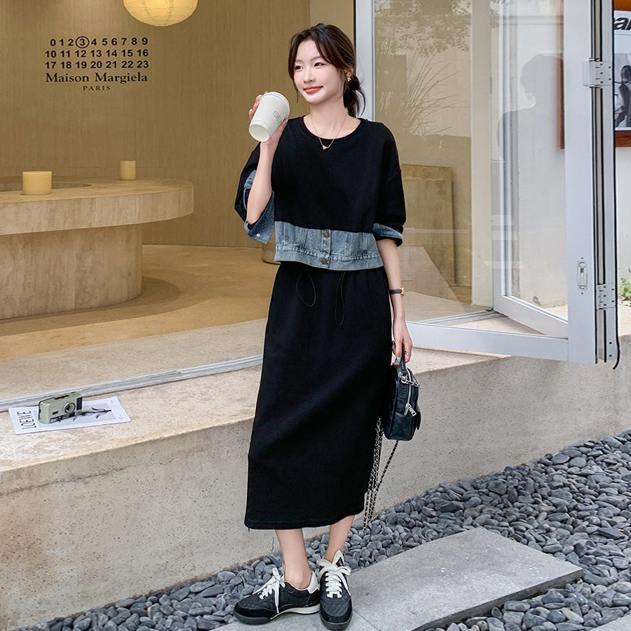 【ワンピース】 春秋 韓国風カジュアル デニム切り替え風フェイクレイヤード 長袖ワンピース レディース 【JZシリーズ】