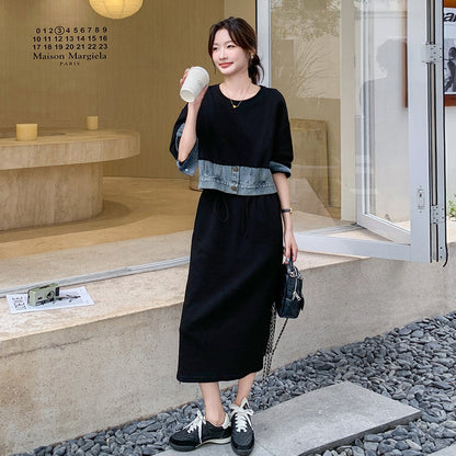 【ワンピース】 春秋 韓国風カジュアル デニム切り替え風フェイクレイヤード 長袖ワンピース レディース 【JZシリーズ】