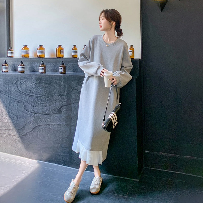【ワンピース】ゆったり感 リラックス風 バイカラー プリーツ切り替え 長袖ワンピース レディース おしゃれ スウェットワンピース【JZシリーズ】