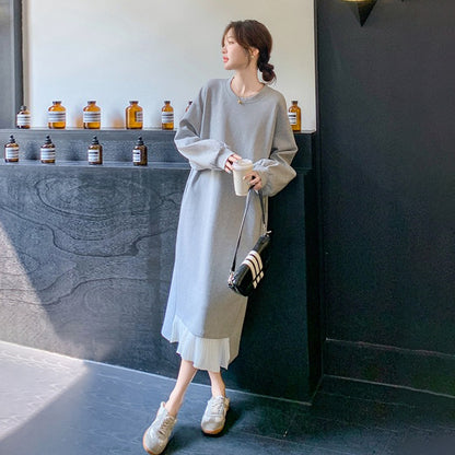 【ワンピース】ゆったり感 リラックス風 バイカラー プリーツ切り替え 長袖ワンピース レディース おしゃれ スウェットワンピース【JZシリーズ】