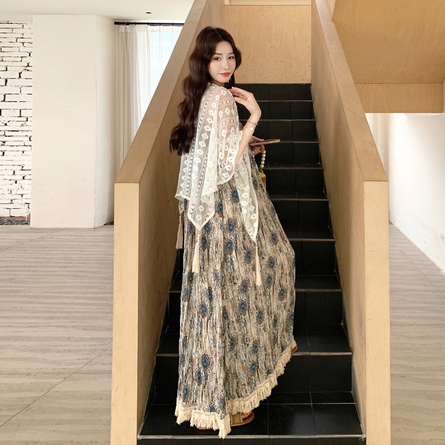 【ワンピース】レースショール付き！フレンチ風プリントノースリーブワンピース・夏のバカンスコーデ【SHシリーズ】