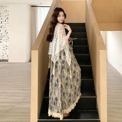 【ワンピース】レースショール付き！フレンチ風プリントノースリーブワンピース・夏のバカンスコーデ【SHシリーズ】