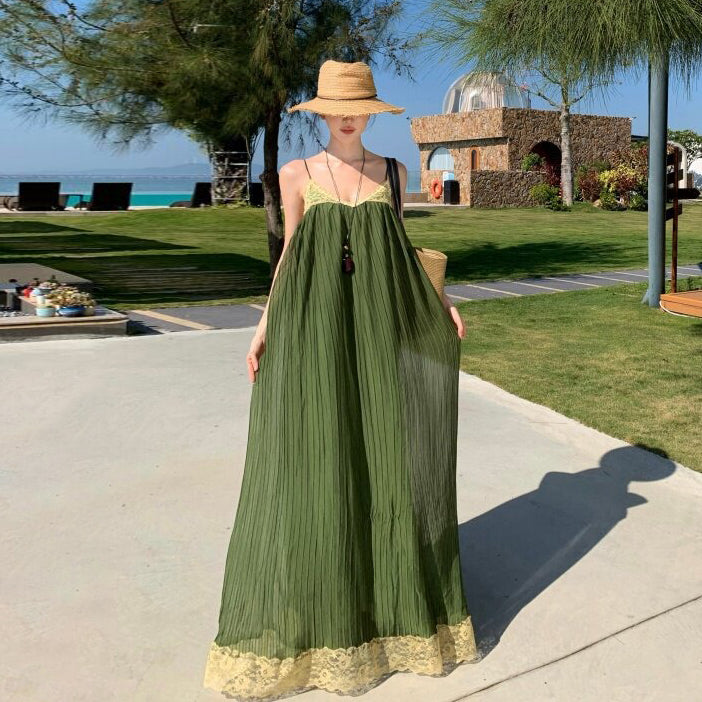 【ワンピース】海島リゾート風 シフォンキャミワンピース ふんわり大フレア ロング丈 海辺&旅行コーデ ノースリーブドレス【SHシリーズ】
