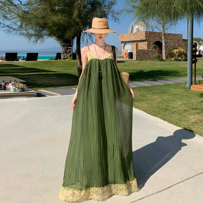 【ワンピース】海島リゾート風 シフォンキャミワンピース ふんわり大フレア ロング丈 海辺&旅行コーデ ノースリーブドレス【SHシリーズ】