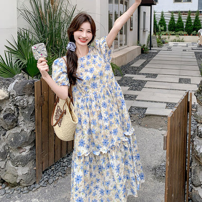 【ワンピース】花柄ワンピース レディース 夏新作 パフスリーブ ティアード フレンチ風 Aライン ロング丈 半袖【SHシリーズ】