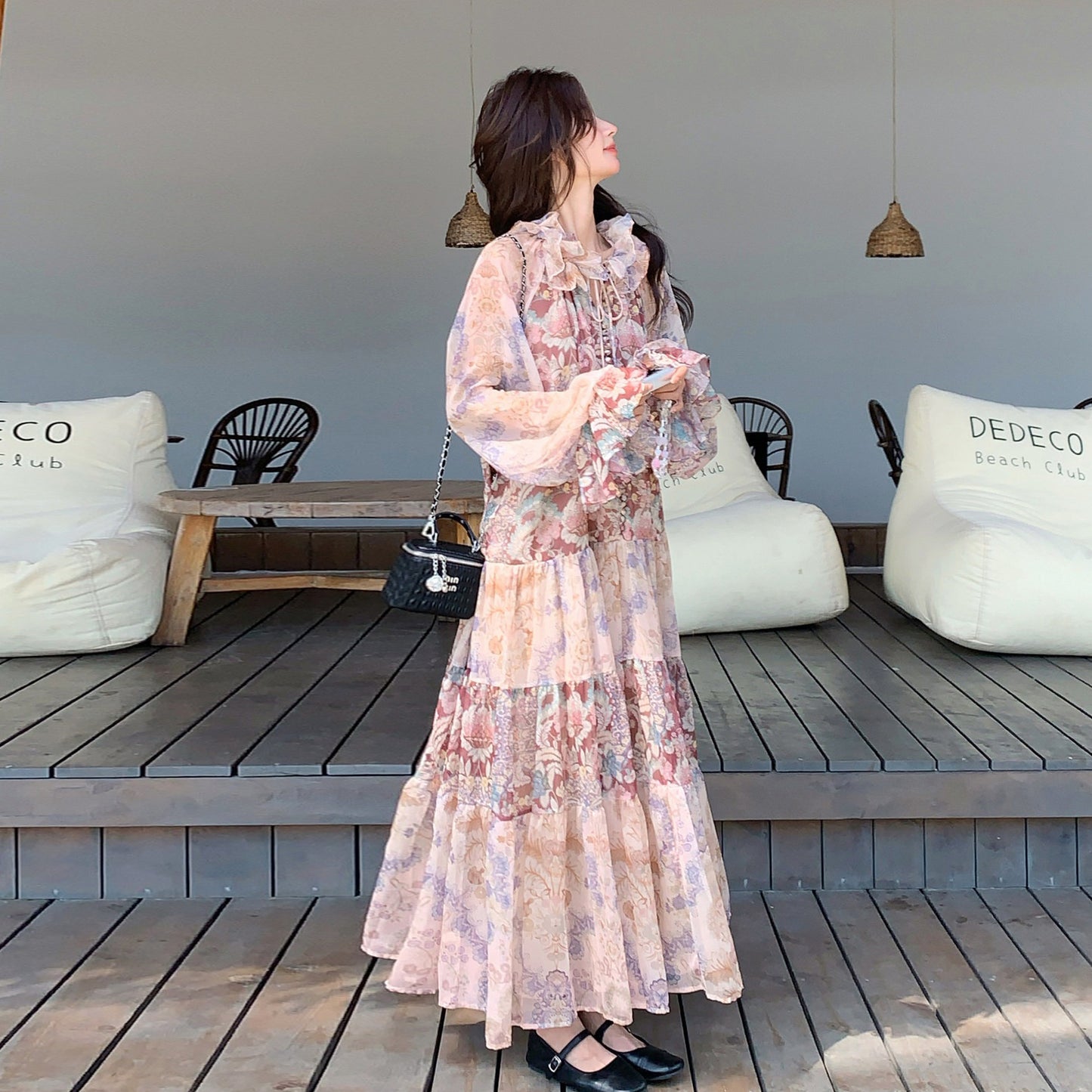 【ワンピース】フレンチプリントワンピース レディース 長袖 ウエストマーク ティーワンピース 春夏秋【SHシリーズ】