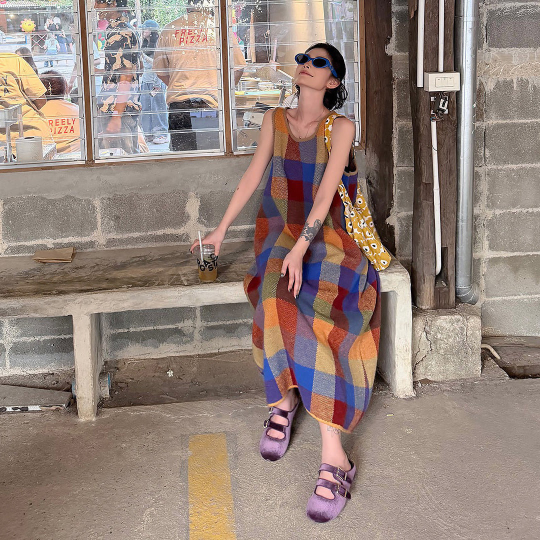 【ワンピース】カラフルチェック Uネックノースリーブオフショルダーワンピース レディース 夏新作 韓国風 ゆったりAラインロングドレス【SHシリーズ】