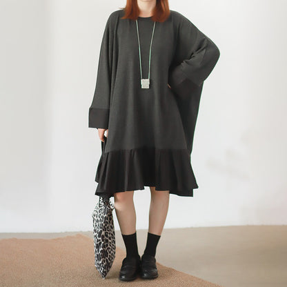 【ワンピース】香港風 クルーネック 切替 シャツ生地 大きめサイズ 長袖 ワンピース ビッグシルエット ゆったり【JZシリーズ】
