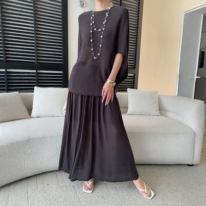 【セットアップ】ルーズでリラックス感 ドルマンスリーブ ニットトップス + ウエストゴム ハイウエストスカート 2点上下セット【JZシリーズ】