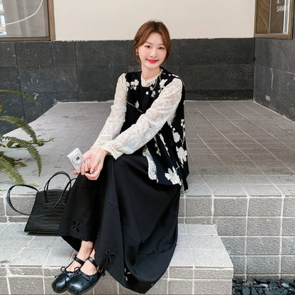2点セット！【セットアップ】韓国風 ブラック刺繍 ベスト+スカート 上下セット レディース 大人上品コーデ【SHシリーズ】