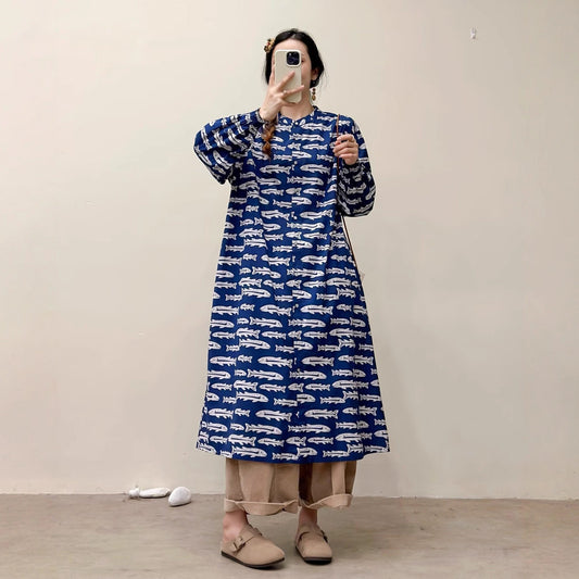 選べる7柄！【ワンピース】🎀カジュアルかわいい丸首プリントワンピース 長袖 シングルボタン 春新作 韓国風ウエストシェイプ レディース【SHシリーズ】