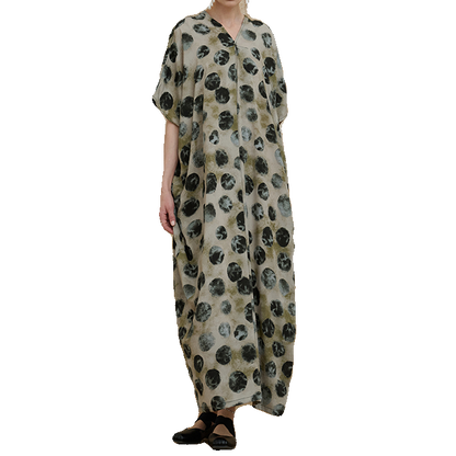 【ワンピース】ヴィンテージ風 ゆったり 大きめサイズ ロング丈 細見え 上品 半袖 ワンピース【SHシリーズ】