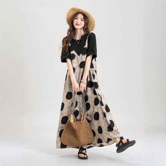 【ボトムス】レイヤード風 大きめドット柄 タンクトップ キャミワンピース 【SHシリーズ】