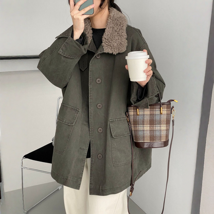 【アウター】レトロ 春 秋 冬 ボア襟 パーカーダウンジャケット 【JZシリーズ】