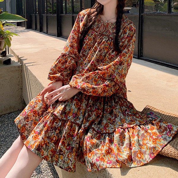 【ワンピース】ボヘミアン風 ファッション ビーチ 日焼け防止 フラワープリント 長袖ワンピース【SHシリーズ】