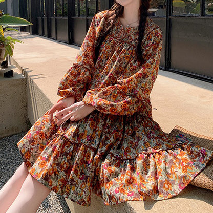 【ワンピース】ボヘミアン風 ファッション ビーチ 日焼け防止 フラワープリント 長袖ワンピース【SHシリーズ】