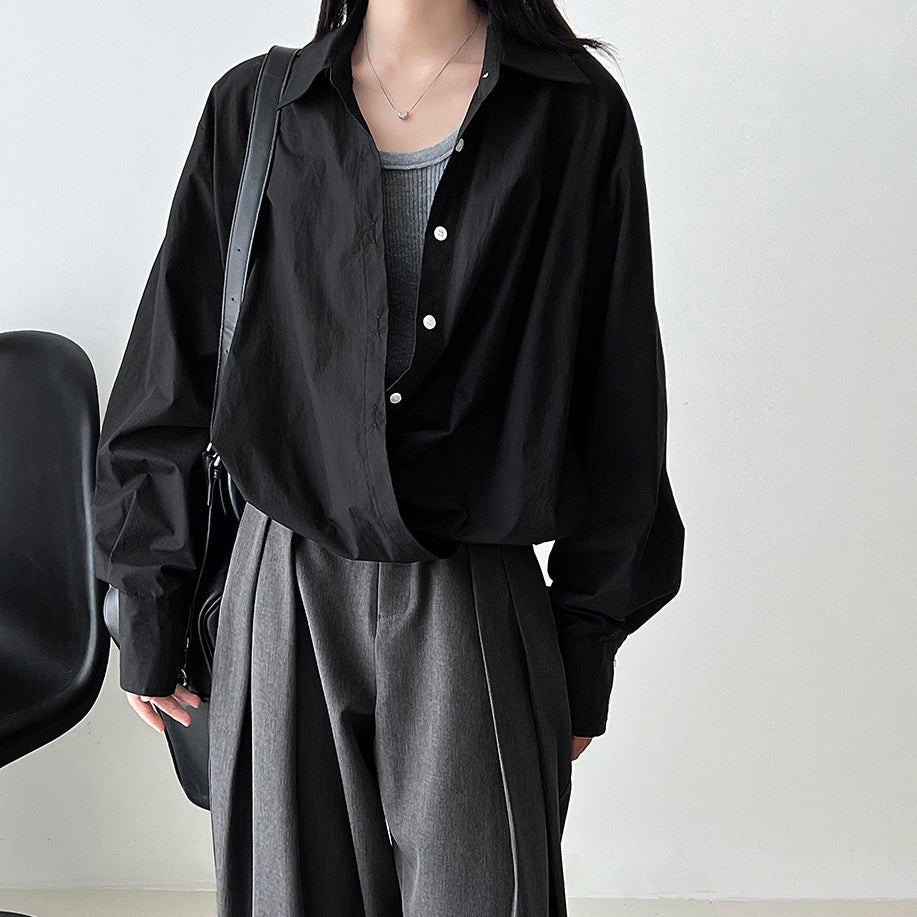 【トップス】韓国風 高品質 Vネック レイヤードシャツ レディース 秋 ゆるカジュアル デザイン感 裾ウエストマーク ブラウス【SNシリーズ】