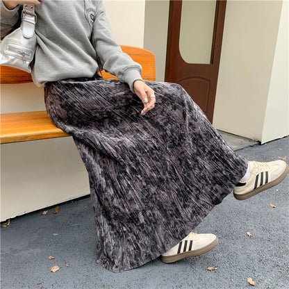 【ボトムス】プリーツ ゆったり ヒップカバー Aラインロングスカート 水墨画柄 ベルベットスカート【SHシリーズ】